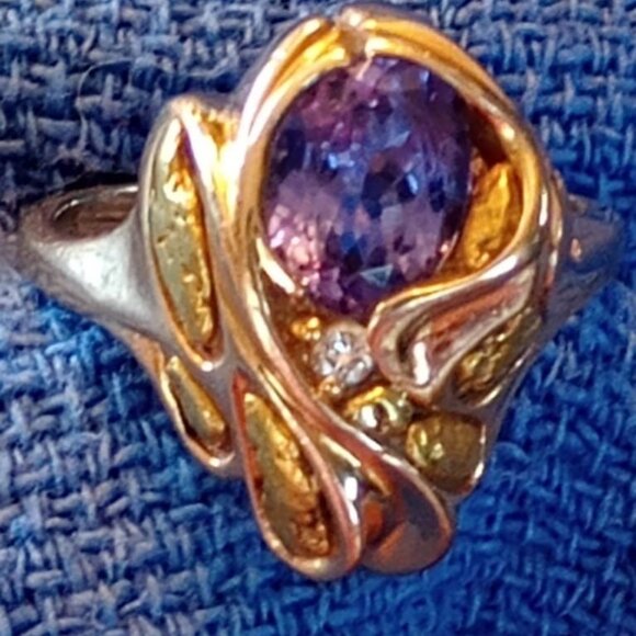 14k Gold Nugget Ring, 1.6 ct natural tanzanite and small diamond size 9-9.5 - Picture 2 of 11